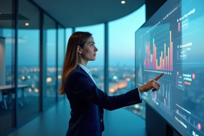 Professionnelle présentant des indicateurs économiques territoriaux sur un écran interactif lors d'une réunion stratégique
