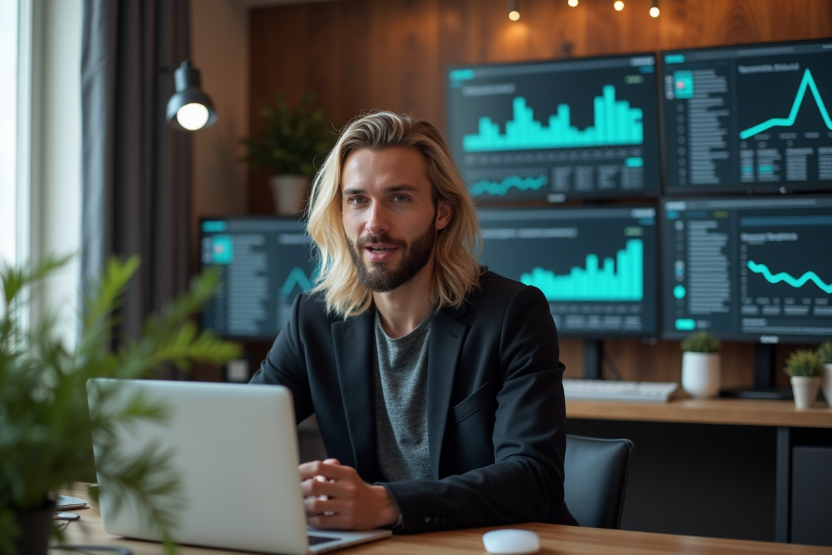 Influenceur confiant parlant face à la caméra dans un studio moderne et futuriste