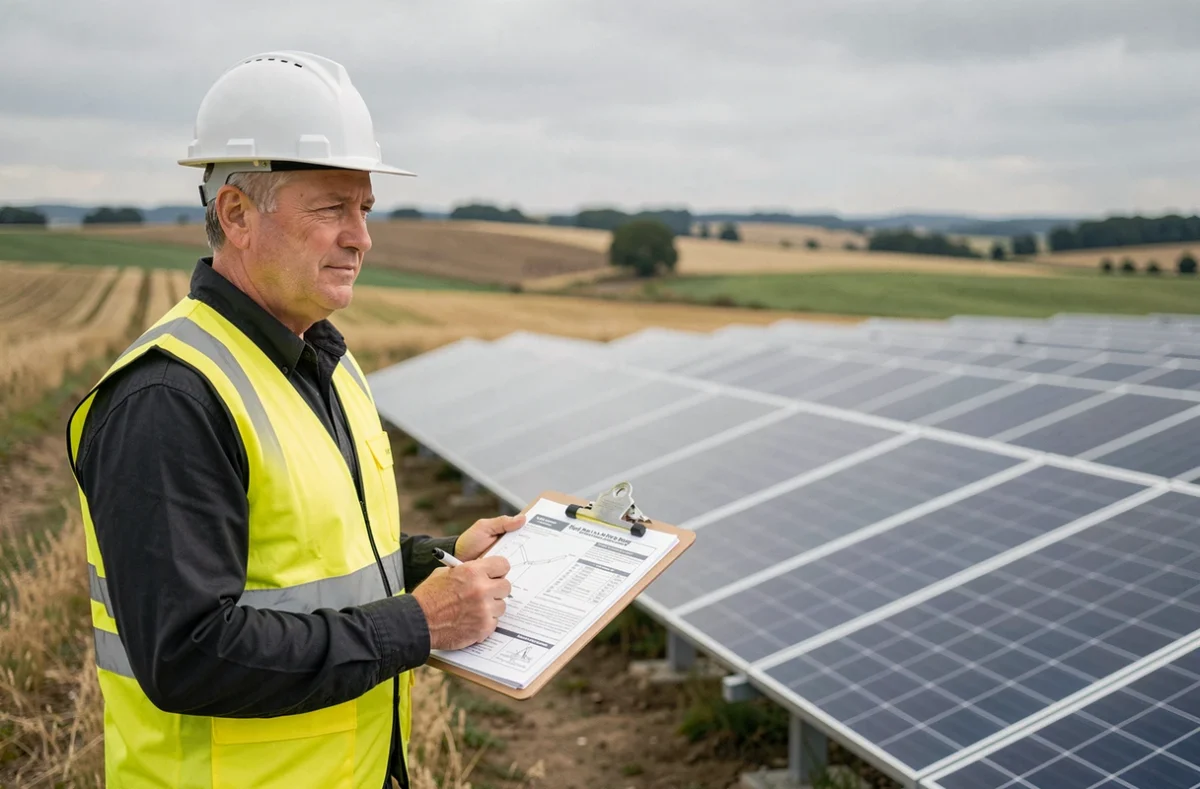 Ingénieur de maintenance inspectant une ferme solaire au sol avec un clipboard, contrat de maintenance installation photovoltaïque industrielle