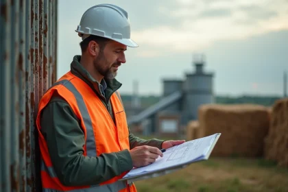 Ingénieur en gilet orange inspectant une installation de bioénergie industrielle avec des plans sur tablette