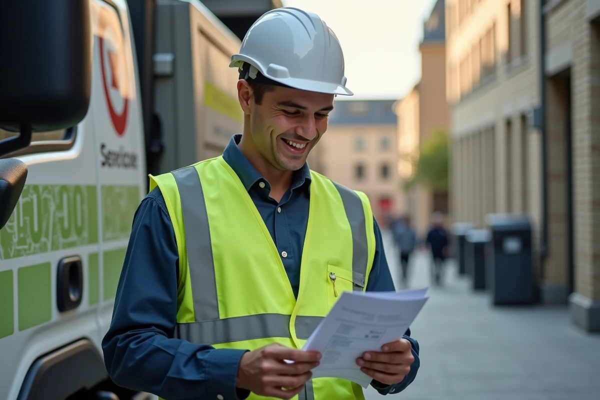 Jeune agent municipal souriant devant un v&eacute;hicule de service