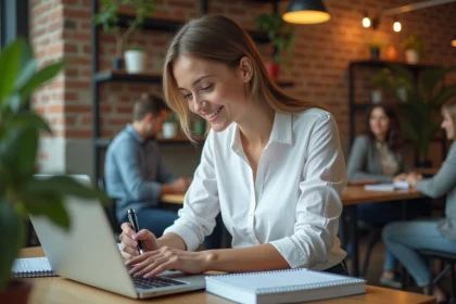 Jeune femme entrepreneur débutante lisant un magazine business dans un espace de coworking moderne