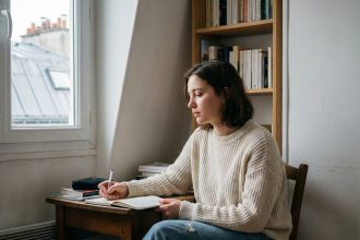 Jeune femme dans son appartement parisien en sweater