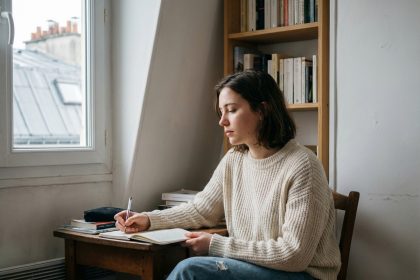 Jeune femme dans son appartement parisien en sweater