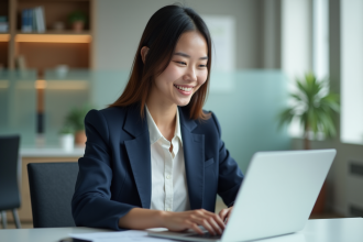 Jeune femme professionnelle en bureau moderne travaillant sur un ordinateur