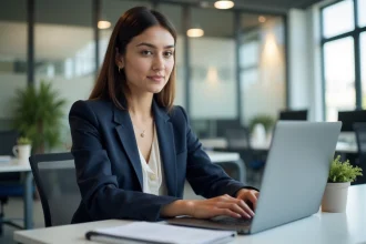 Jeune femme professionnelle travaillant sur son ordinateur dans un bureau lumineux