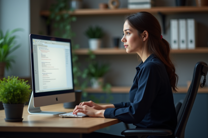 Jeune femme professionnelle au bureau regardant son écran
