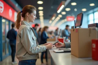 Jeune femme en casual au bureau de poste moderne