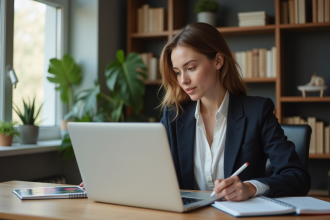 Jeune femme professionnelle dans un bureau moderne en pleine concentration