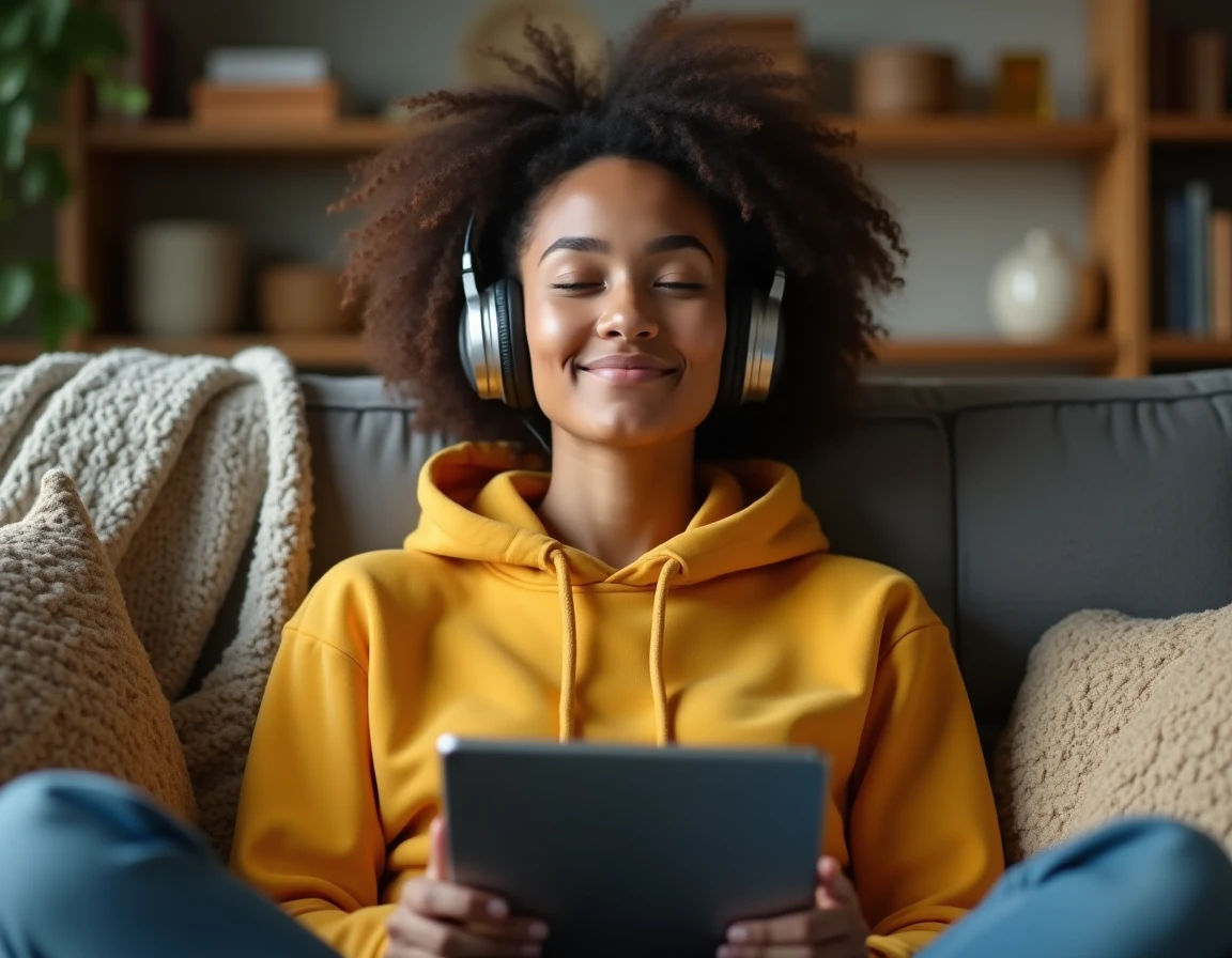 Jeune femme avec un casque audio profitant d'un service de streaming musical sur sa tablette dans son salon