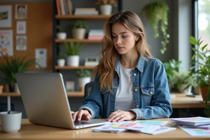 Jeune femme en denim cr&eacute;e un flyer color&eacute; sur son ordinateur