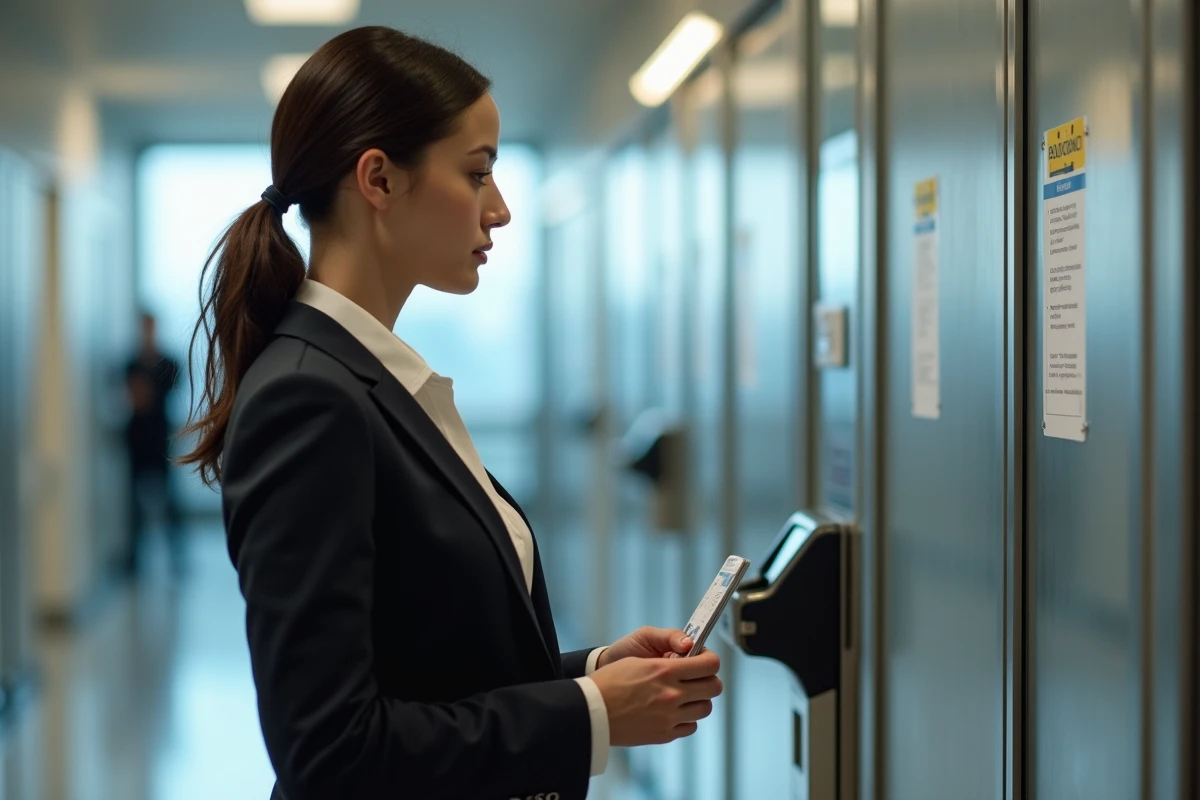 Jeune femme douane avec badge dans un couloir officiel