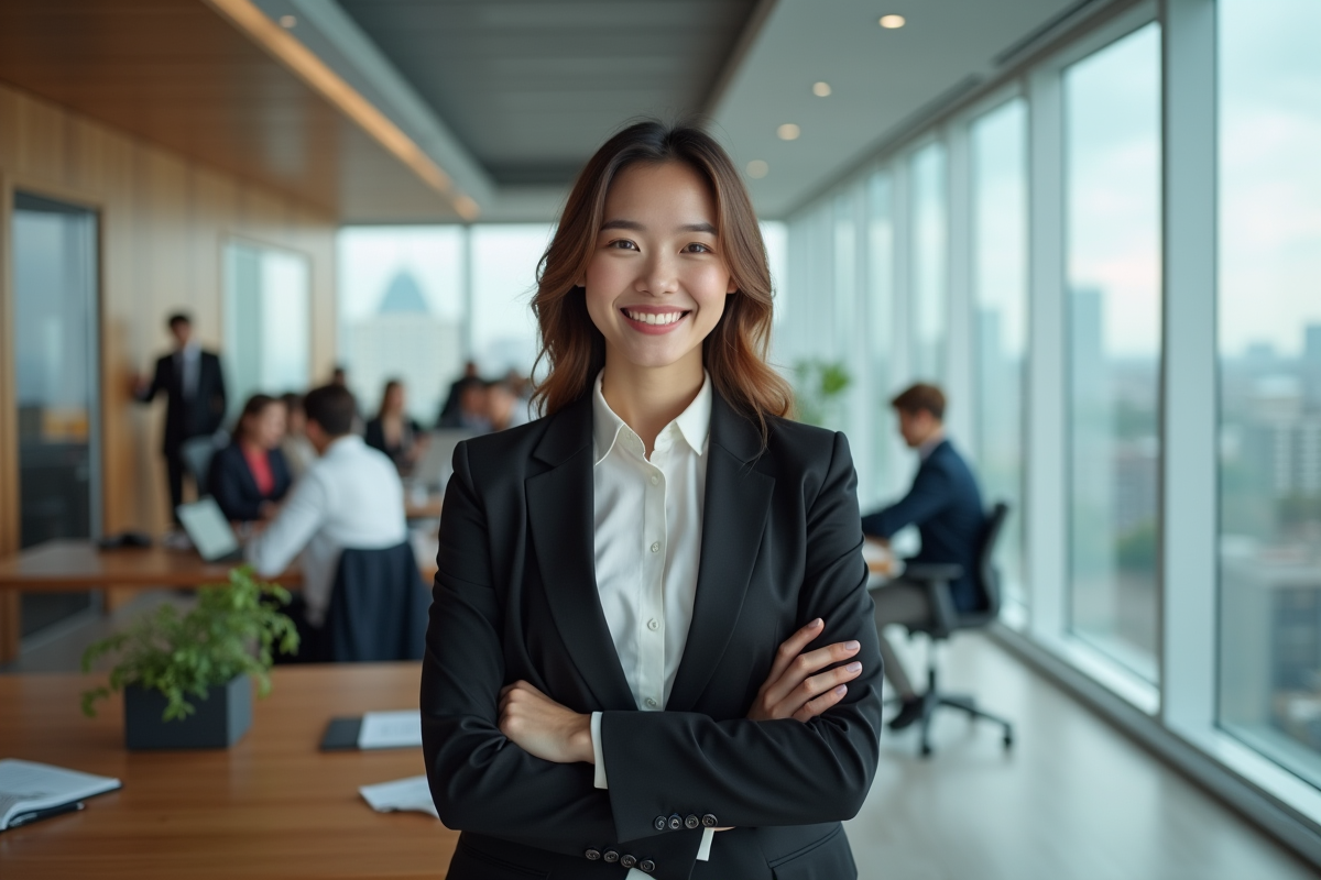 Jeune femme manager souriante devant une fenêtre en ville