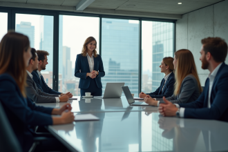 Jeune femme en blazer présentant un pitch devant collègues
