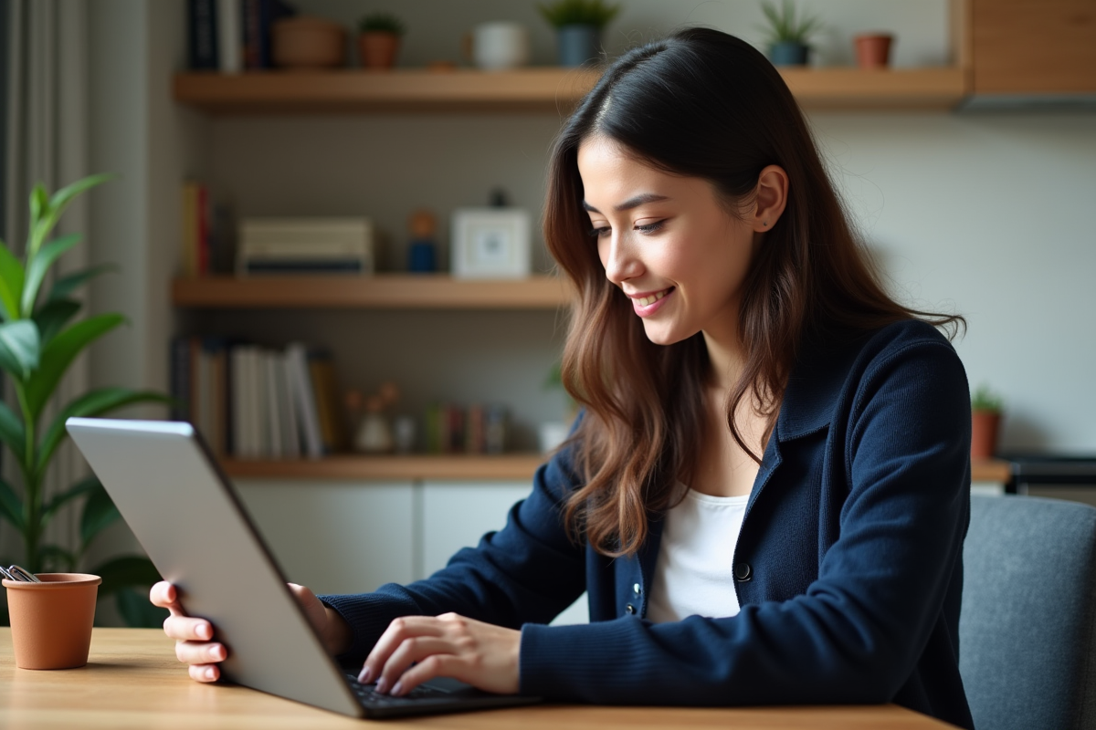 Jeune femme en visioconference sur tablette dans un cadre cosy
