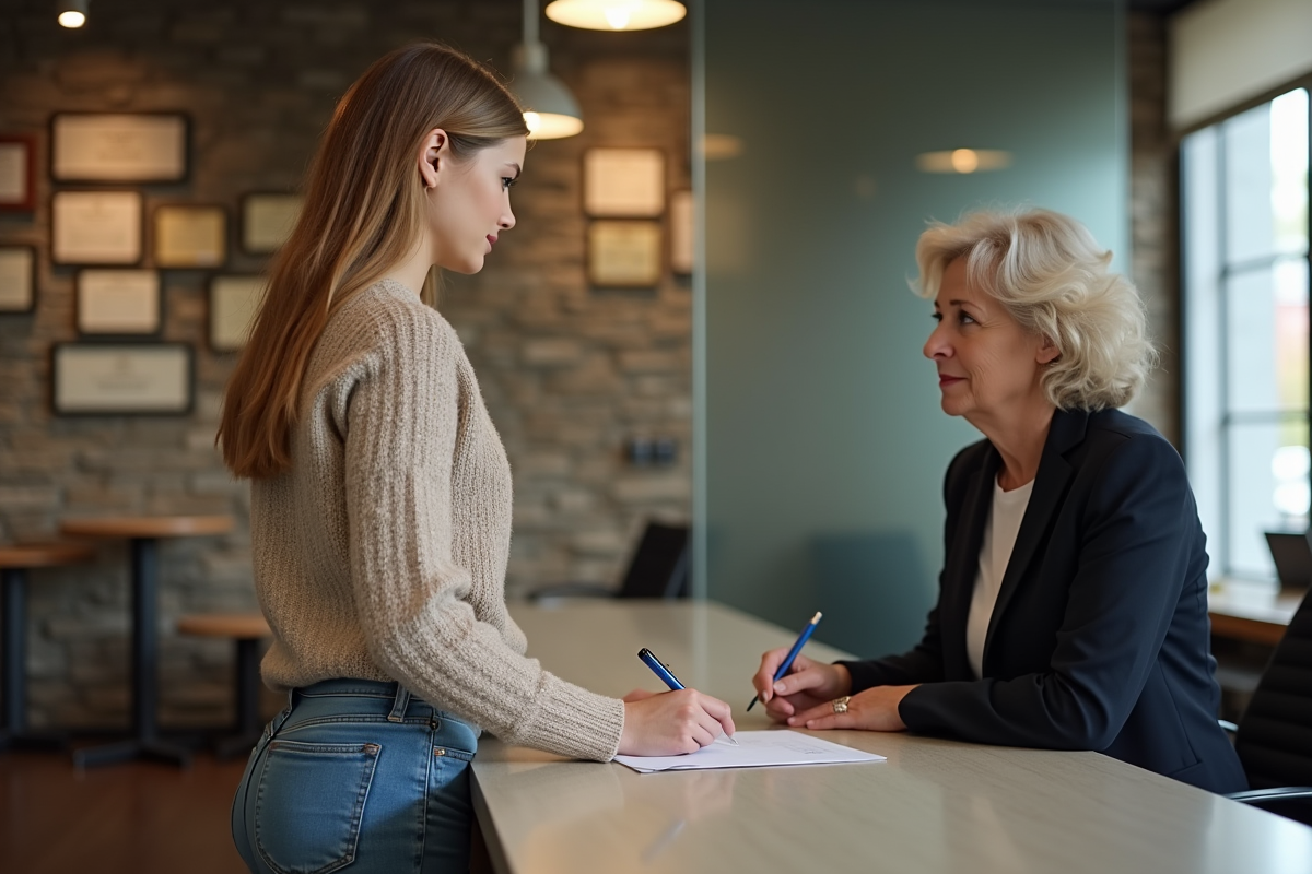 Jeune femme signant un document chez un notaire dans un bureau