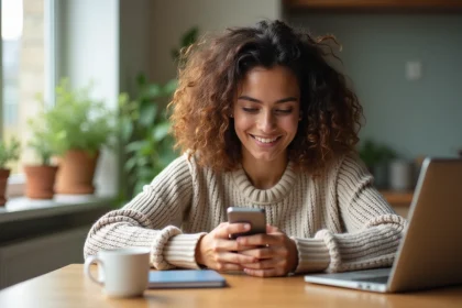 Jeune femme avec smartphone dans une cuisine lumineuse