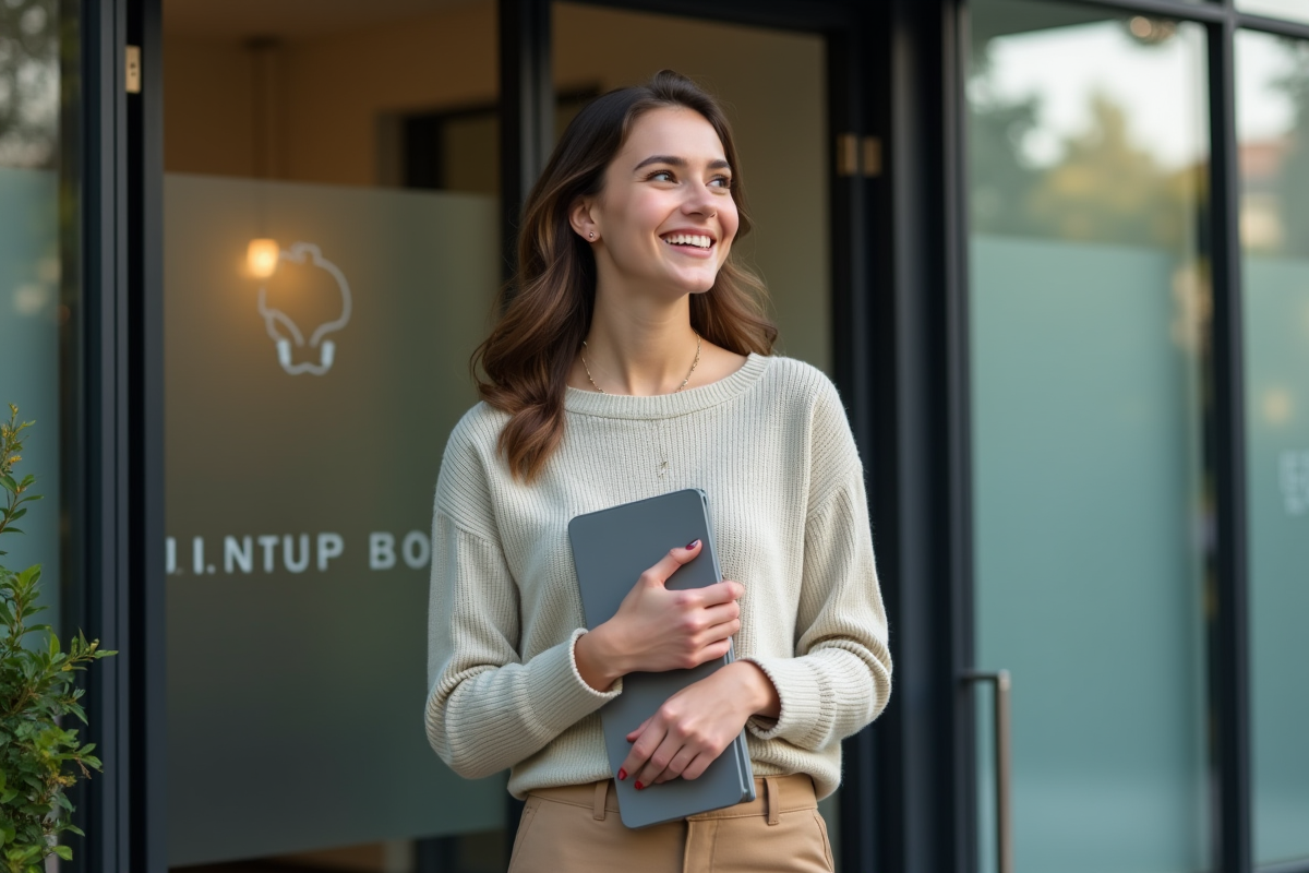 Jeune femme daffaires devant une entrée de startup
