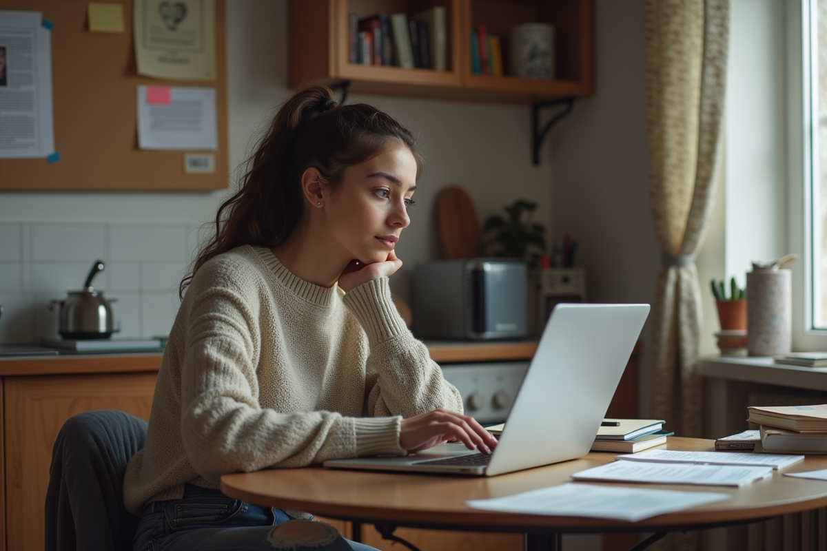 Jeune femme travaillant sur un ordinateur à la maison