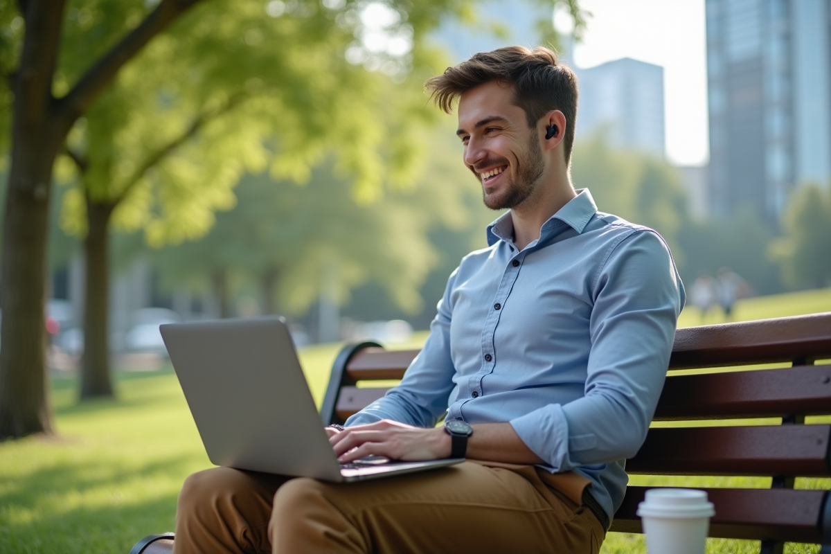 Jeune homme travaillant en extérieur sur un banc dans un parc