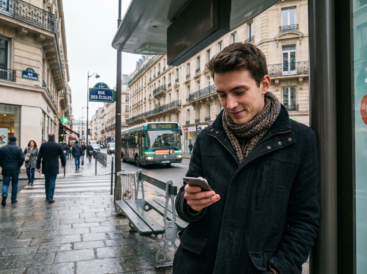 Jeune homme attendant &agrave; un arr&ecirc;t de bus &agrave; Paris