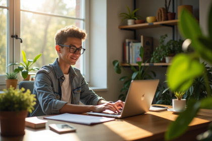 Jeune professionnel travaillant sur un ordinateur dans un bureau cosy