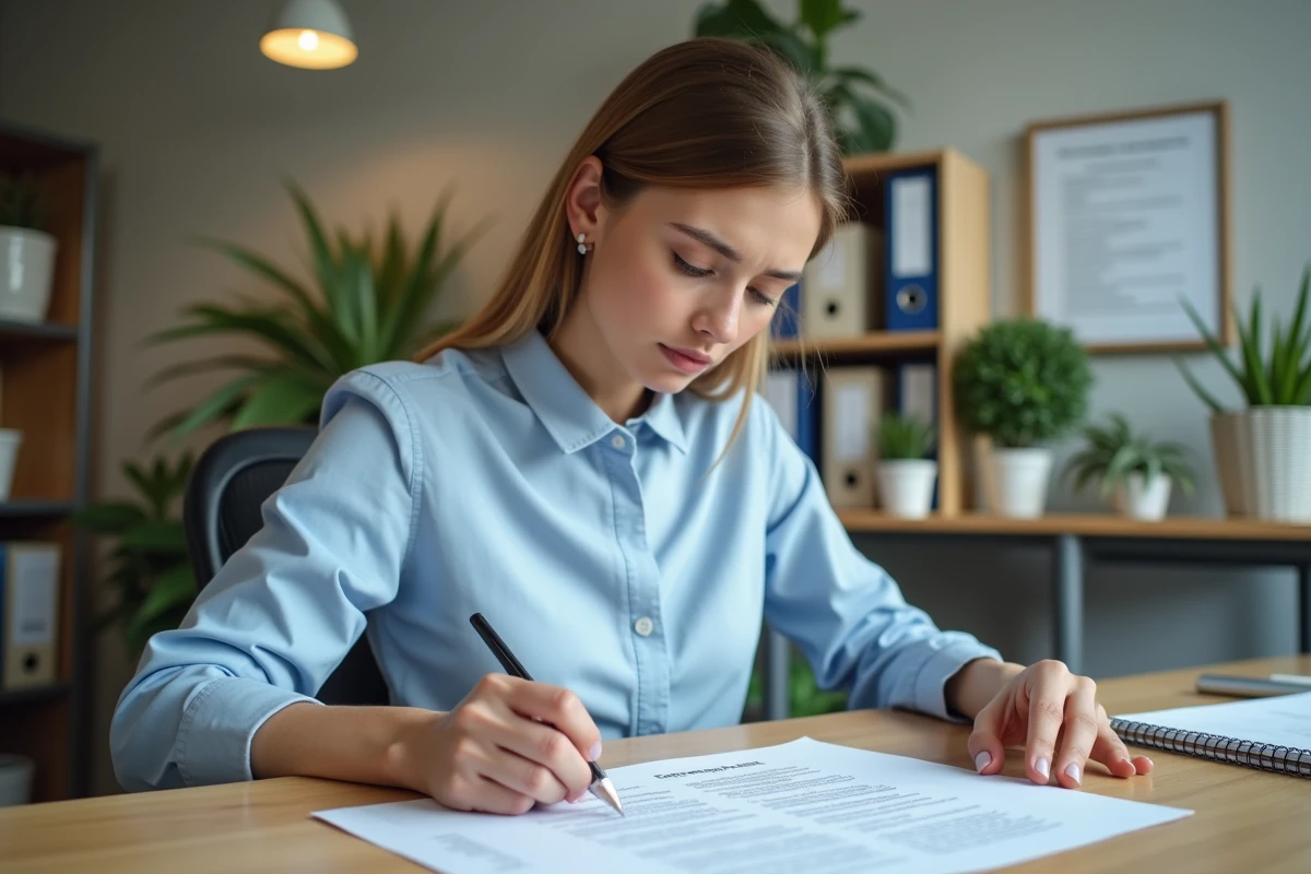 Jeune femme examinant son contrat de travail à son bureau pour vérifier les cotisations Urssaf de son employeur