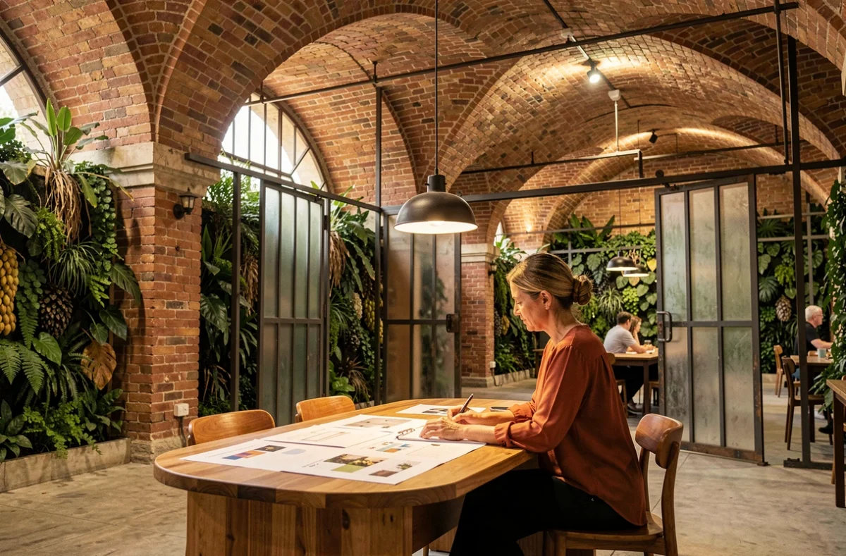 La Mûrisserie Marseille, espace de coworking dans un entrepôt patrimonial avec voûtes en briques et mur végétal