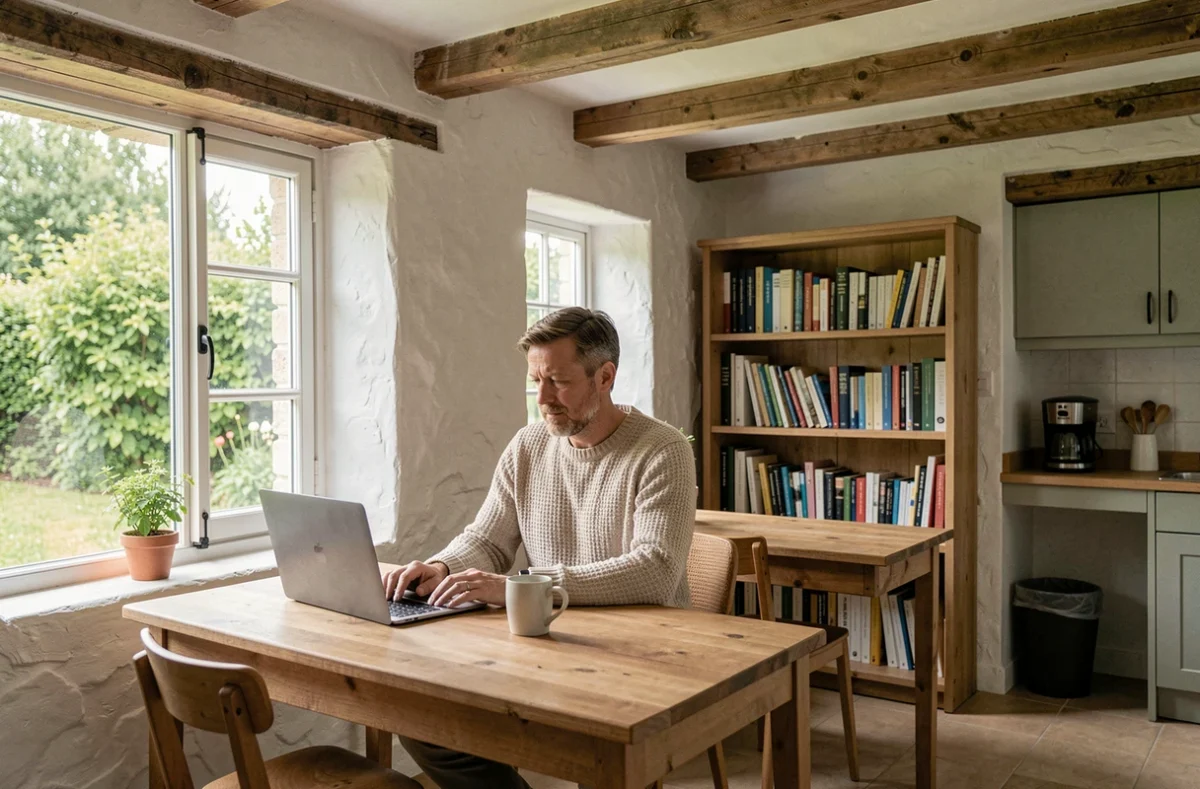 Homme travaillant seul dans Le 50 Coworking à Méré, espace intimiste en maison rénovée avec vue sur jardin verdoyant