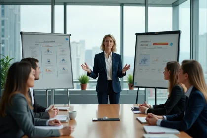 Une leader féminine en blazer marine anime une réunion stratégique avec son équipe dans un bureau moderne vitré, symbolisant le leadership en période d'incertitude
