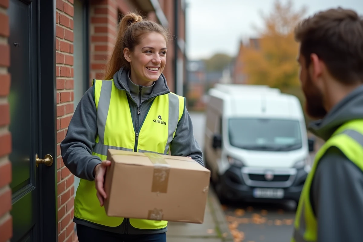 Livreuse en uniforme de transporteur remettant un colis à domicile devant un pavillon résidentiel