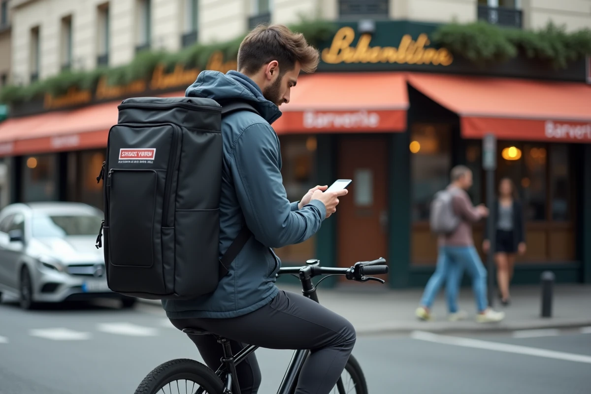 Livreur Uber Eats à vélo en ville consultant son smartphone à un carrefour parisien