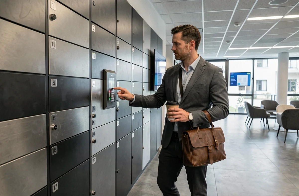 Homme accédant à un casier connecté chez Lockall à Vélizy-Villacoublay, espace coworking high-tech avec système de stockage sécurisé