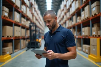 Responsable logistique interne dans un entrepôt moderne consultant une tablette devant des rayonnages de marchandises