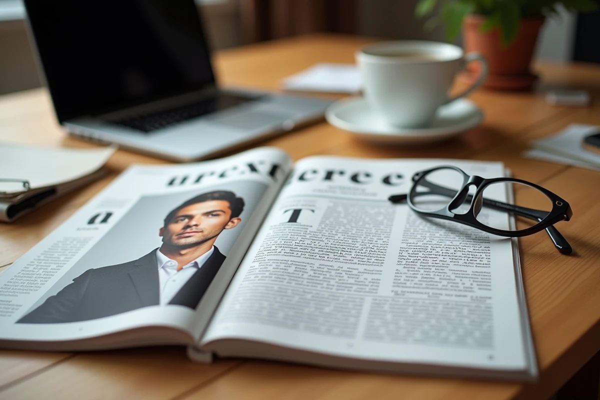 Magazine français ouvert sur un bureau en bois montrant un article sur le physique d'un dirigeant tech, illustrant l'obsession médiatique française pour l'apparence des chefs d'entreprise
