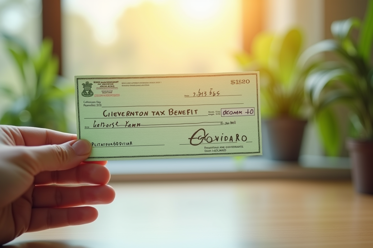 Main tenant un cheque avantage taxe carbone avec plantes vertes
