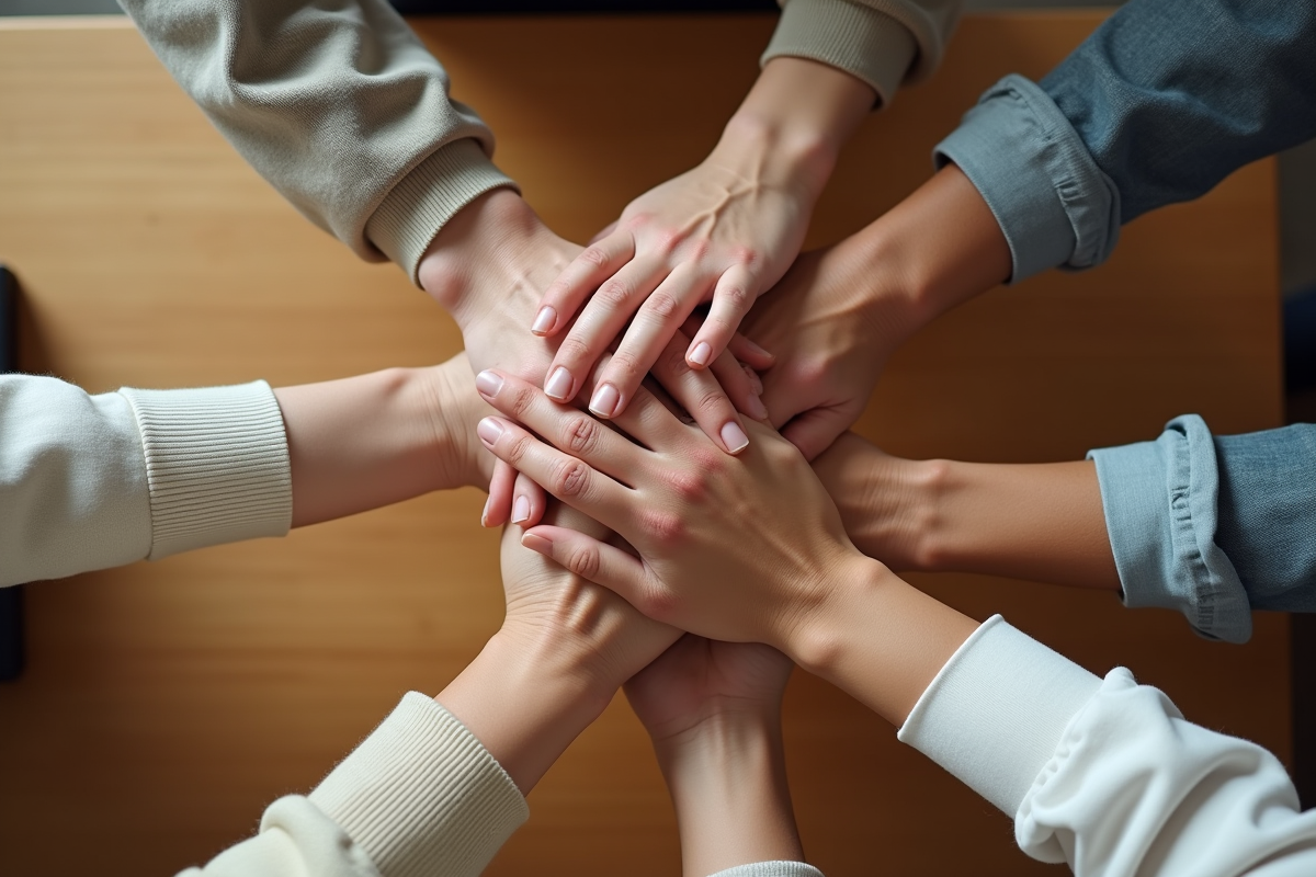Mains entrelacees de personnes de differents teints