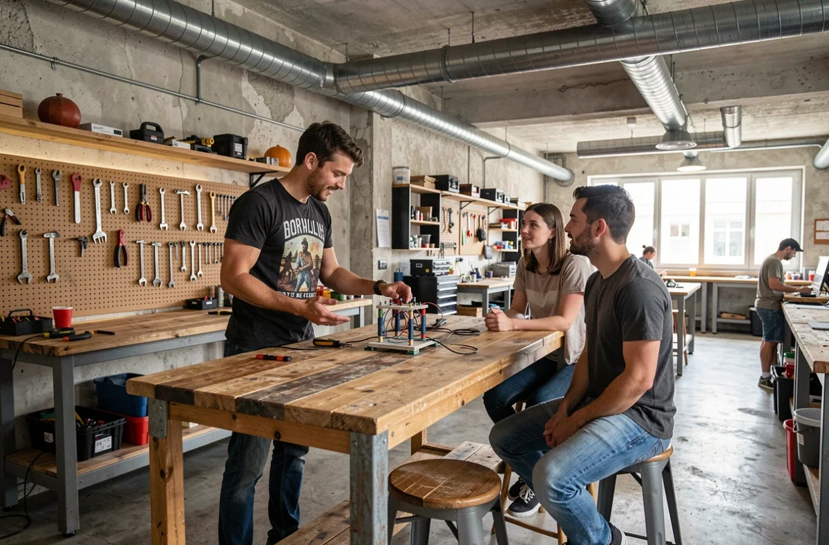 Make It Marseille, espace de coworking et makerspace avec tables de travail en bois brut et jeunes entrepreneurs en présentation