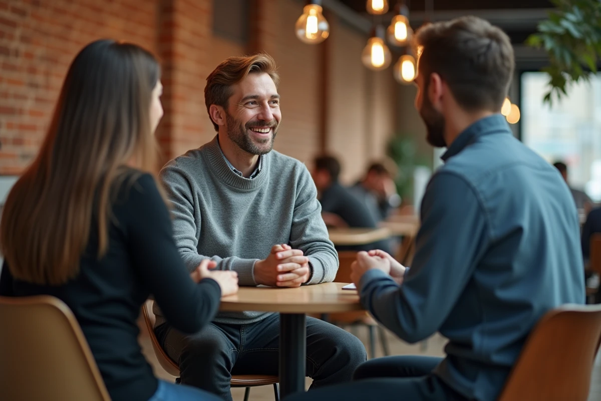 Un manager bienveillant en pull gris échange avec deux collaborateurs autour d'une table dans un espace de travail informel, illustrant un leadership calme et humain face à l'incertitude