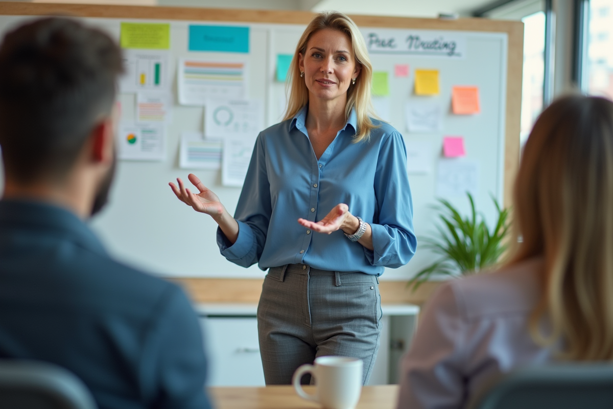 Manager féminin expliquant une stratégie devant son équipe