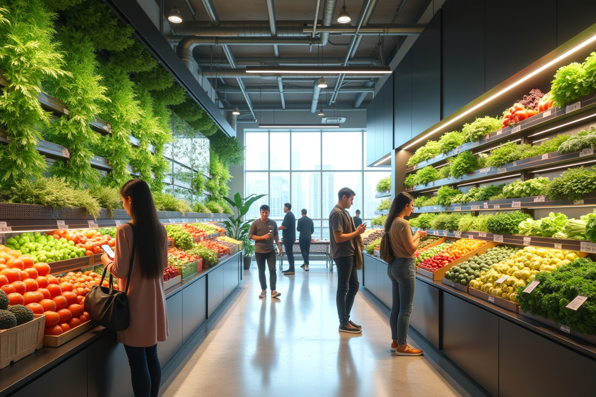 Marché urbain en 2030 avec fermes verticales et clients connectes