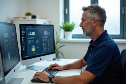 Moniteur d'auto-école consultant un logiciel de gestion sécurisé des données sur ordinateur dans un bureau administratif