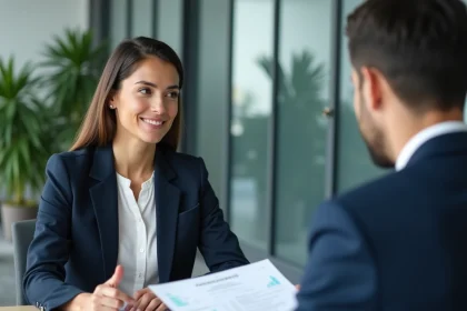 Femme professionnelle discutant de ses résultats de test PI avec un recruteur lors d'un entretien d'embauche en bureau moderne