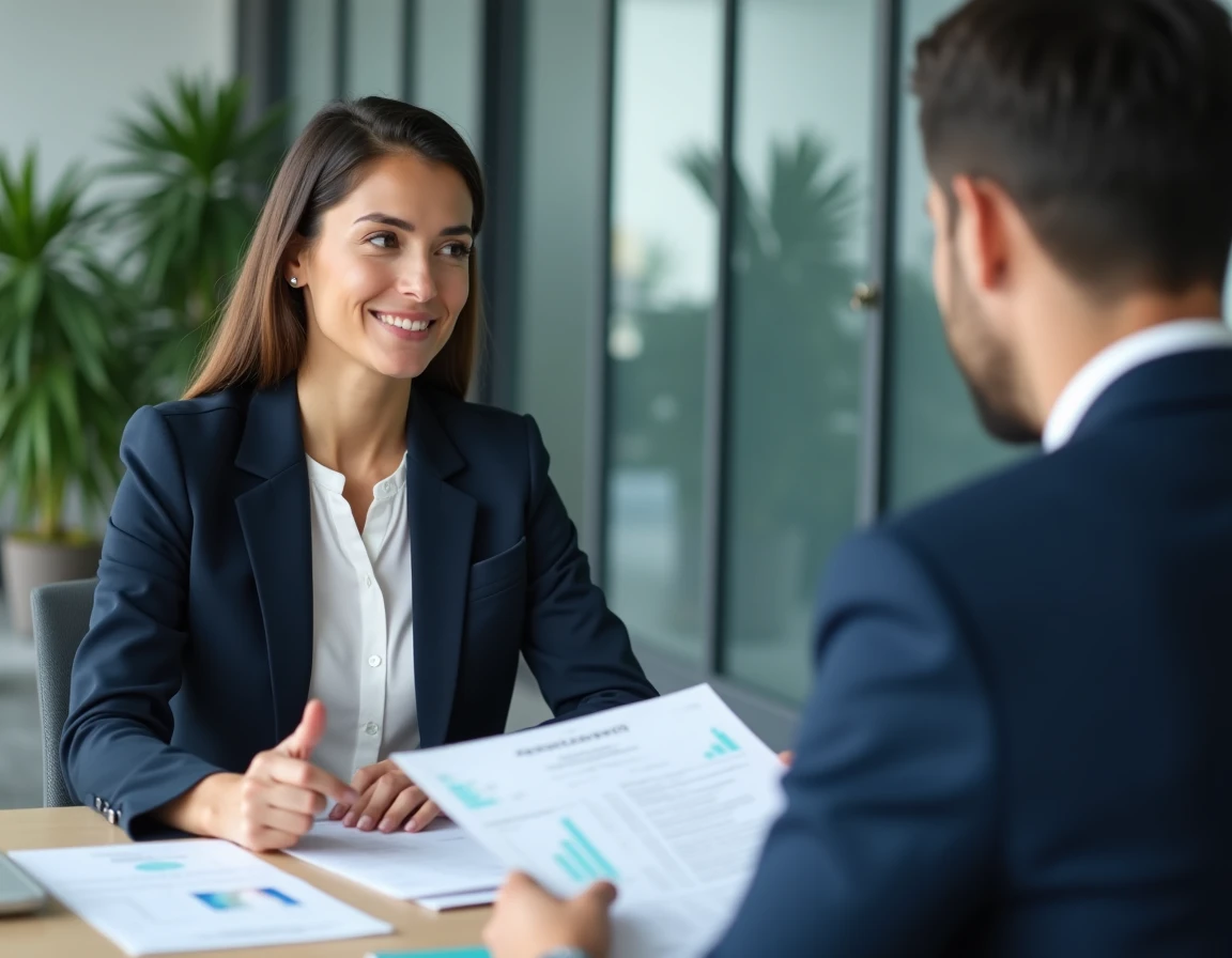 Femme professionnelle discutant de ses résultats de test PI avec un recruteur lors d'un entretien d'embauche en bureau moderne