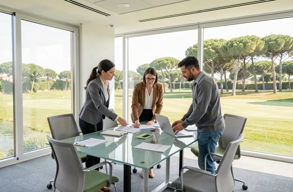 Newton Offices Golf des Milles Aix-en-Provence, salle de réunion avec vue sur le golf et équipe professionnelle en réunion