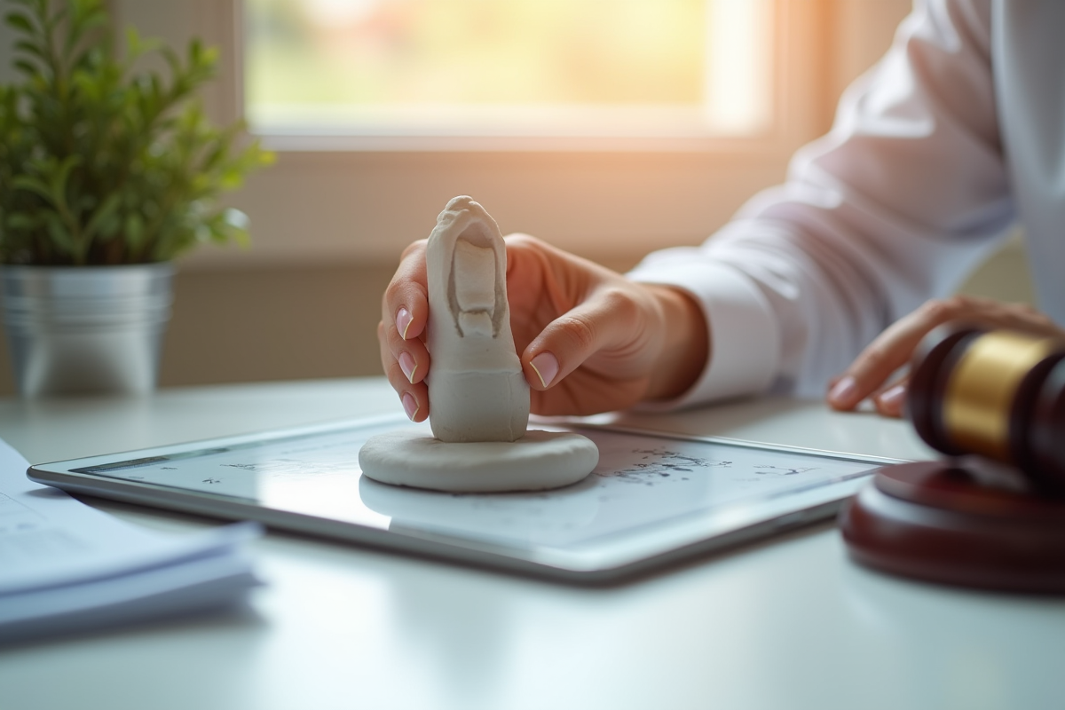 Mains tenant un objet design en argile et numérique avec documents juridiques