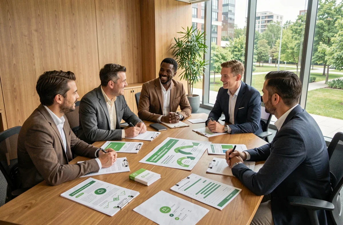 Équipe de professionnels réunis autour d'une table pour définir une politique RSE dans une entreprise d'assurance