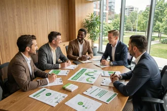 Équipe de professionnels réunis autour d'une table pour définir une politique RSE dans une entreprise d'assurance