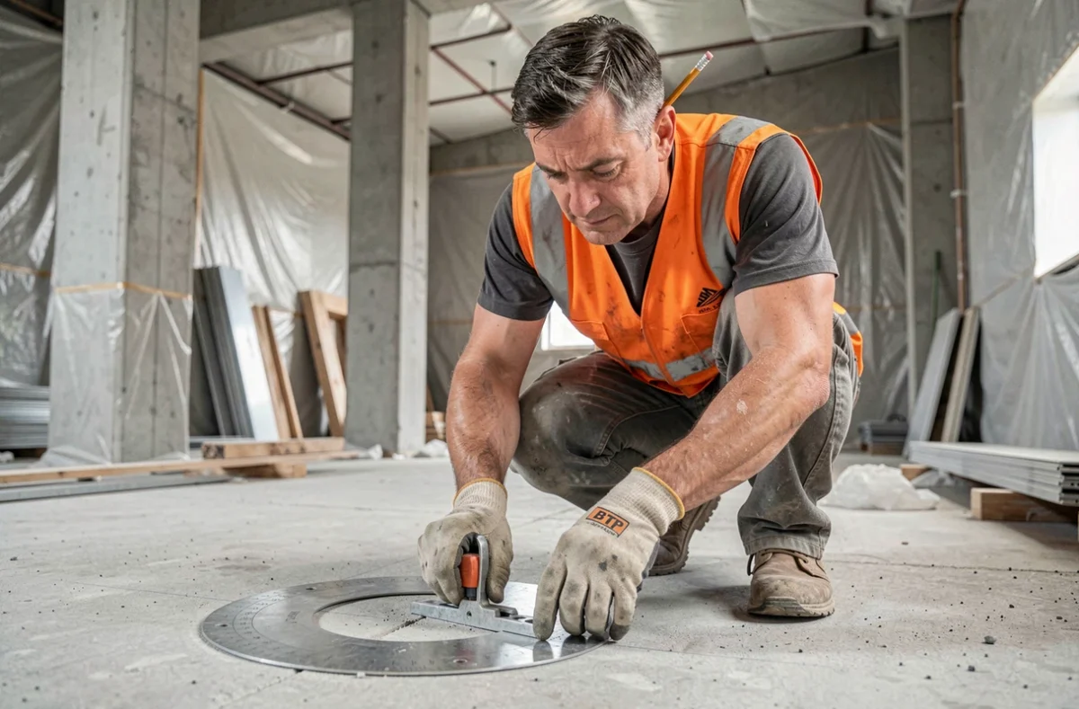 Professionnel du BTP utilisant un cercle de traçage sur un chantier en béton brut