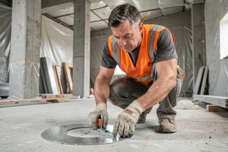 Professionnel du BTP utilisant un cercle de traçage sur un chantier en béton brut